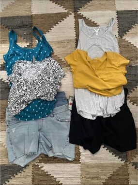 Maternity Women's Summer Tops & Shorts Bundle - Teal, Mustard, Gray, Black